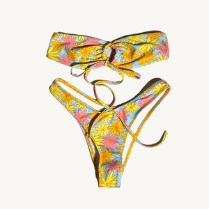 Shein Daisy Flowers Strapless Bikini Thong Bottoms Yellow & Pink & Blue
